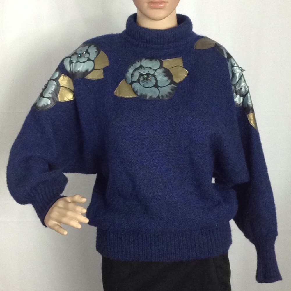 VTG Mock Neck Sweater Leather Floral Bling Small